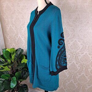 Bob Mackie Wearable Art Size Small Turq/Black Zip Front Tunic Cardigan EUC